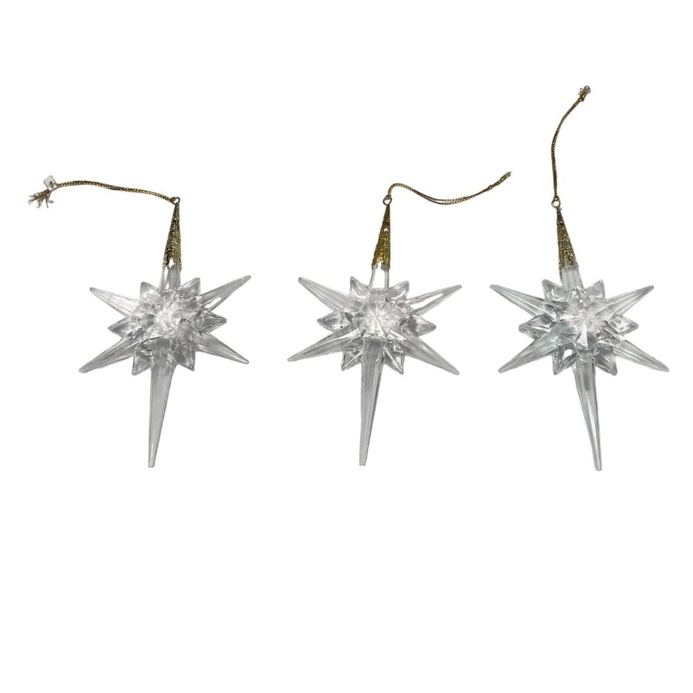 Set Of 3 Clear Acrylic Star Ornaments With Gold Accents & Hanging Cord